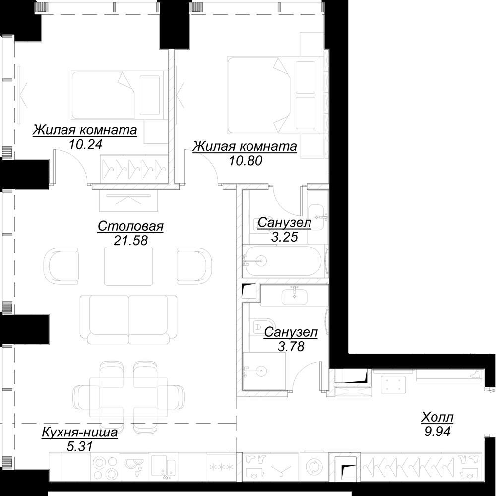 2-комнатная квартира с частичной отделкой, 65.68 м2, 6 этаж, сдача 4 квартал 2024 г., ЖК MOD, корпус Dreiser - объявление 2332069 - фото №1