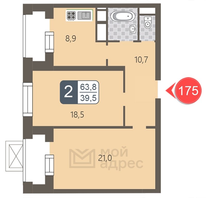 2-комнатная квартира с полной отделкой, 63.8 м2, 23 этаж, дом сдан, ЖК мой адрес На Береговом, корпус Южный квартал - объявление 1866972 - фото №1