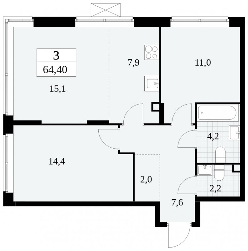 3-комнатная квартира (евро) без отделки, 64.4 м2, 2 этаж, сдача 2 квартал 2024 г., ЖК Прокшино, корпус 6.3 - объявление 1662911 - фото №1