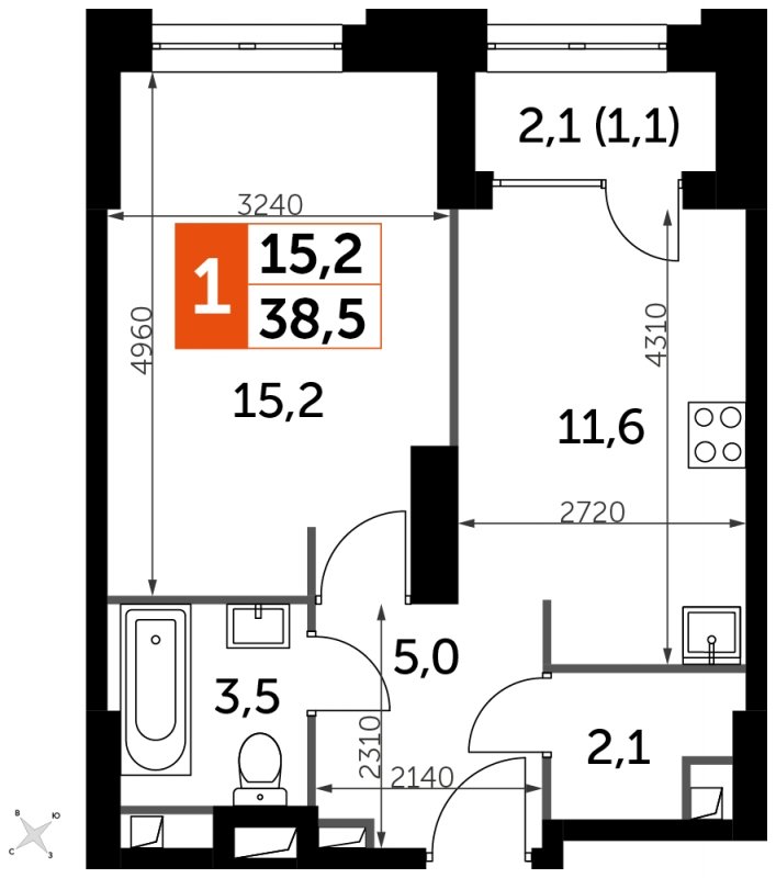 1-комнатная квартира с частичной отделкой, 38.5 м2, 2 этаж, сдача 1 квартал 2023 г., ЖК Sydney City, корпус 3 - объявление 1569078 - фото №1