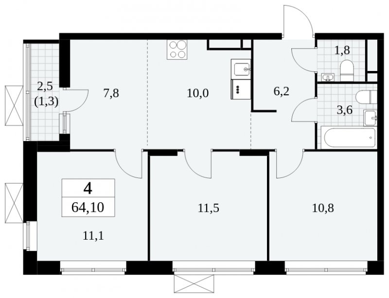 4-комнатная квартира (евро) с частичной отделкой, 64.1 м2, 9 этаж, сдача 3 квартал 2024 г., ЖК Прокшино, корпус 8.2 - объявление 1683798 - фото №1
