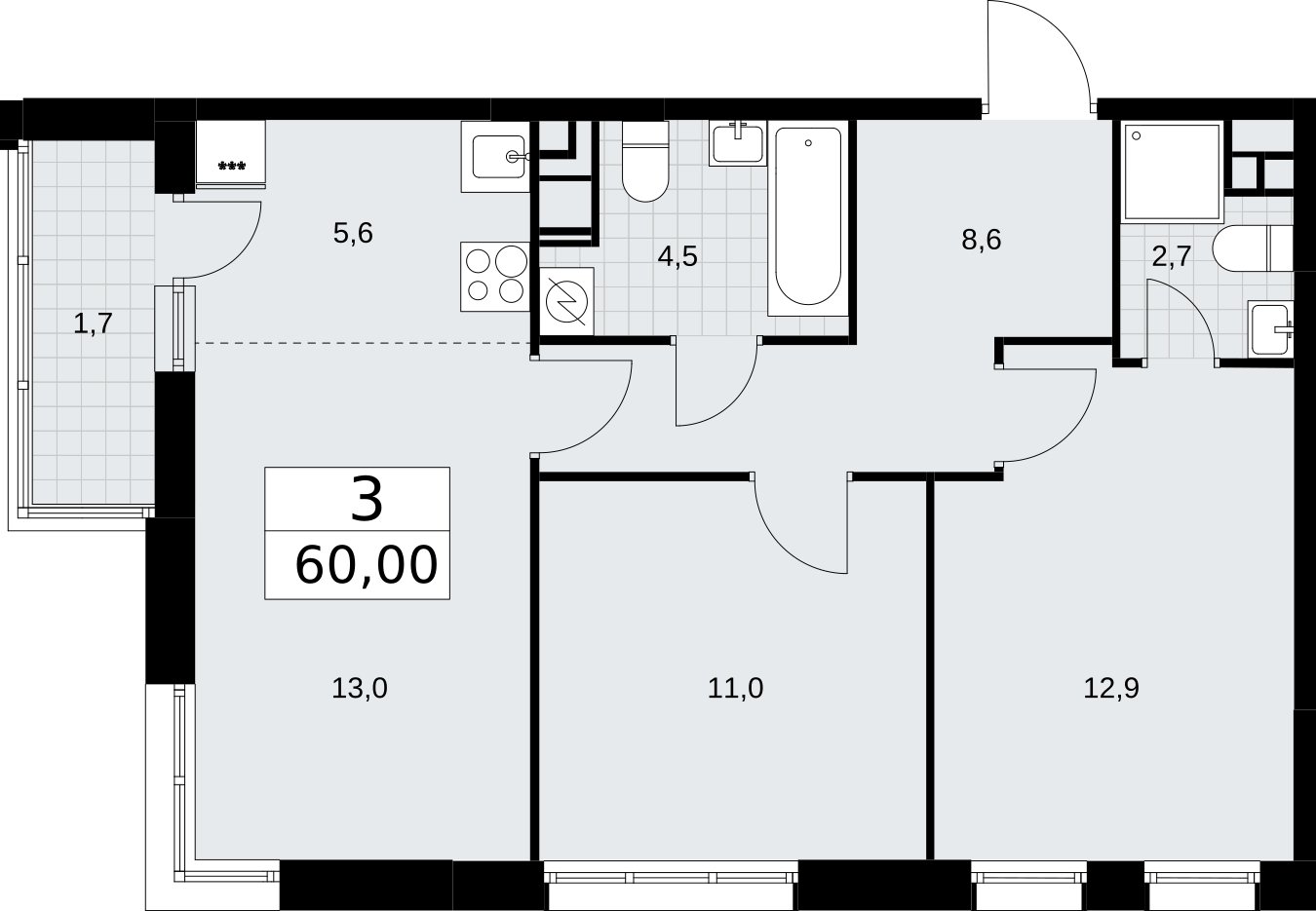 3-комнатная квартира (евро) без отделки, 60 м2, 7 этаж, сдача 3 квартал 2026 г., ЖК Родные кварталы, корпус 3.4 - объявление 2378680 - фото №1
