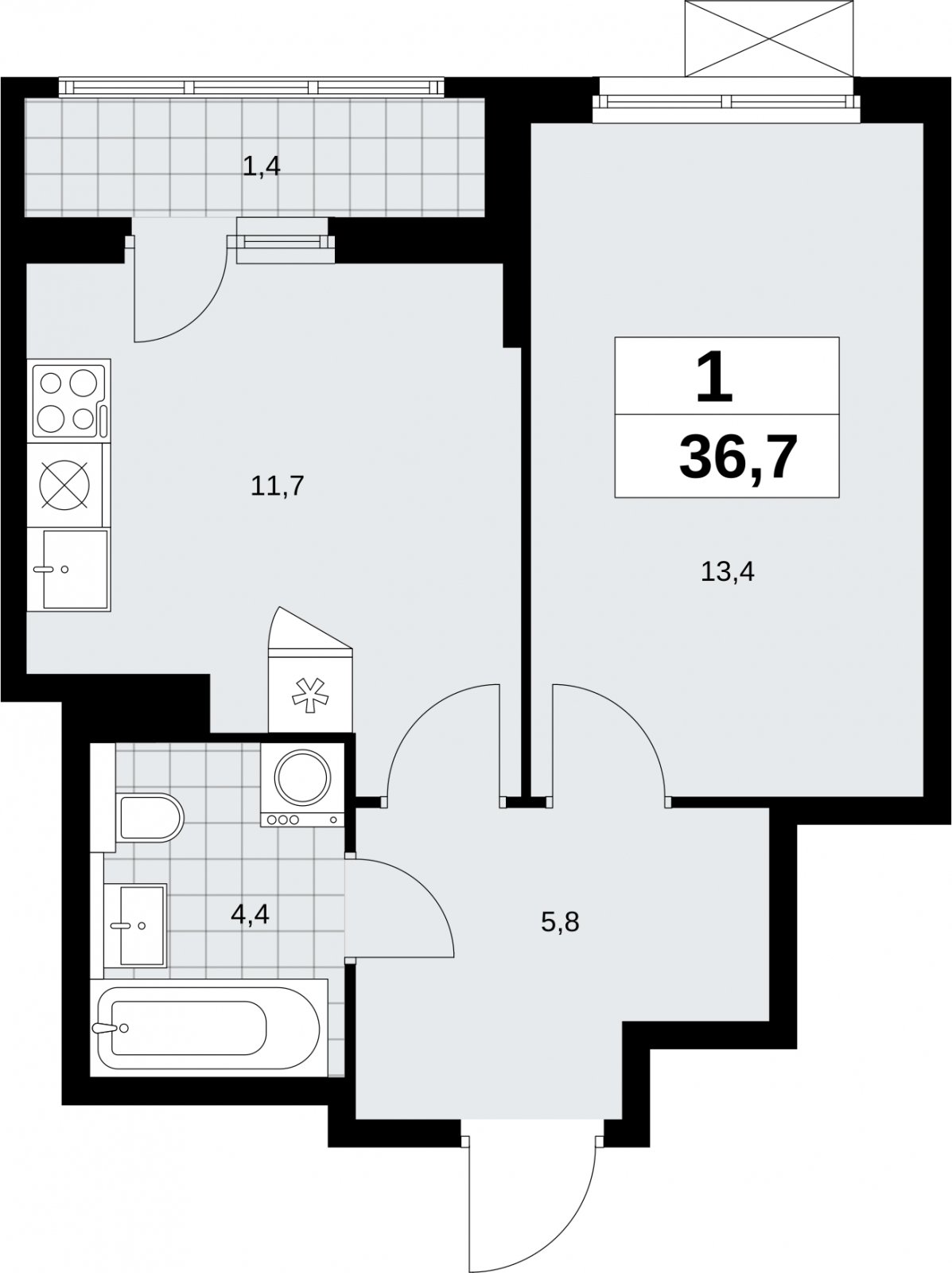 1-комнатная квартира без отделки, 36.7 м2, 4 этаж, сдача 2 квартал 2026 г., ЖК Бунинские кварталы, корпус 9.1 - объявление 2323656 - фото №1