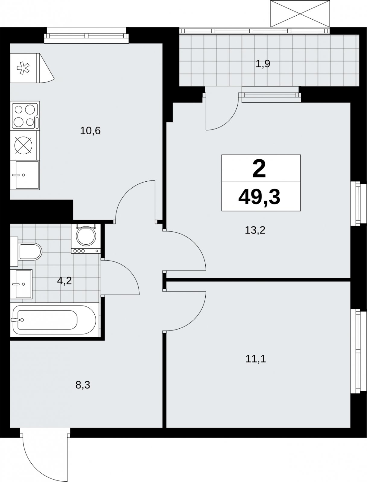 2-комнатная квартира с полной отделкой, 49.3 м2, 10 этаж, сдача 3 квартал 2026 г., ЖК Дзен-кварталы, корпус 6.1.4 - объявление 2328219 - фото №1