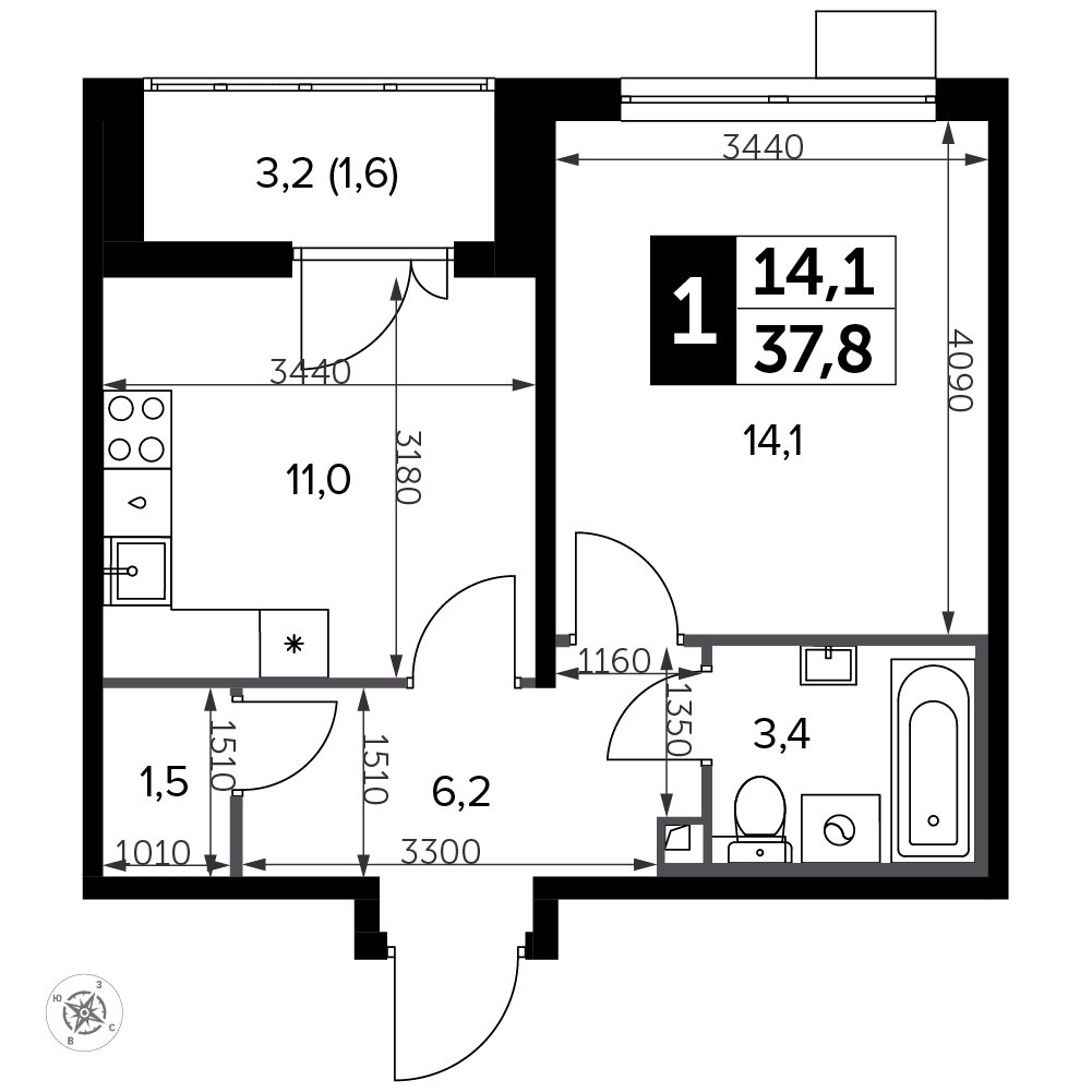 1-комнатная квартира с полной отделкой, 38 м2, 20 этаж, дом сдан, ЖК Южная Битца, корпус 11 - объявление 2326001 - фото №1