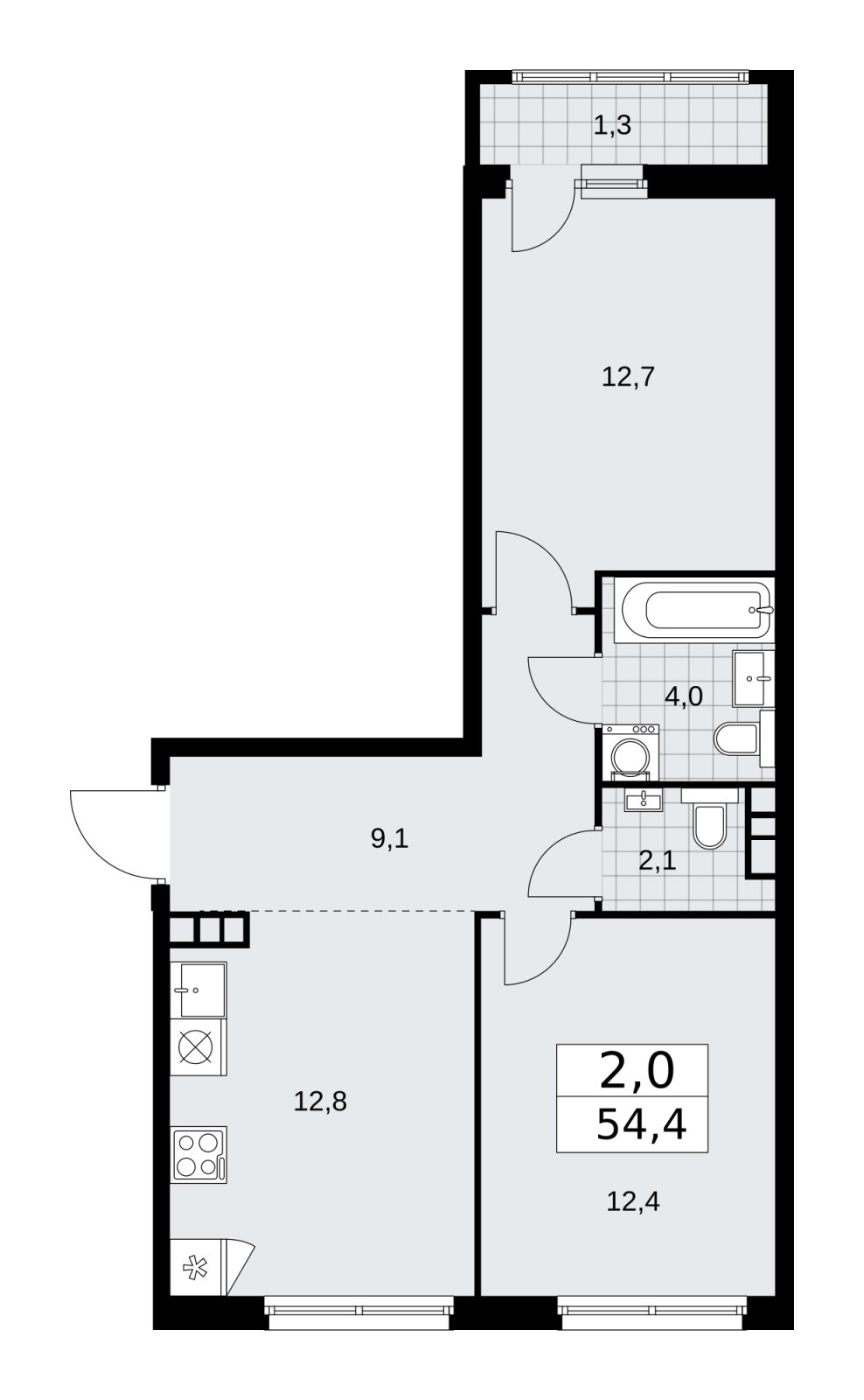 2-комнатная квартира с частичной отделкой, 54.4 м2, 6 этаж, сдача 2 квартал 2026 г., ЖК Дзен-кварталы, корпус 3.6 - объявление 2242756 - фото №1