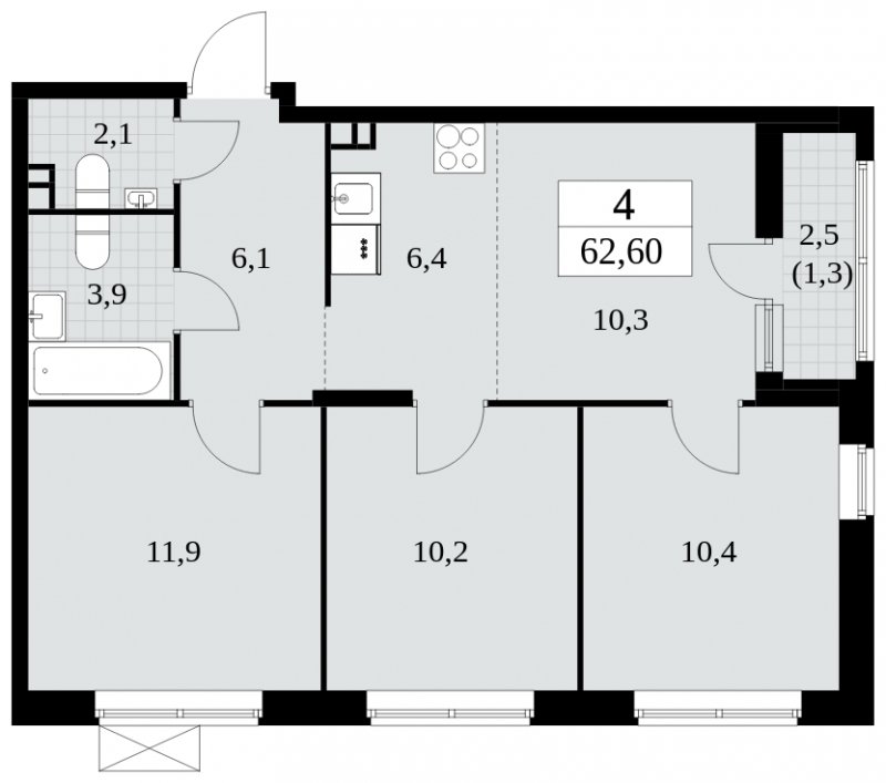 4-комнатная квартира (евро) с полной отделкой, 62.6 м2, 3 этаж, сдача 3 квартал 2024 г., ЖК Прокшино, корпус 6.4 - объявление 1663106 - фото №1
