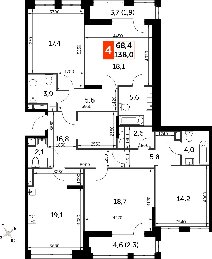 4-комнатная квартира с частичной отделкой, 138 м2, 8 этаж, сдача 3 квартал 2024 г., ЖК Sydney City, корпус 2.1 - объявление 2282950 - фото №1