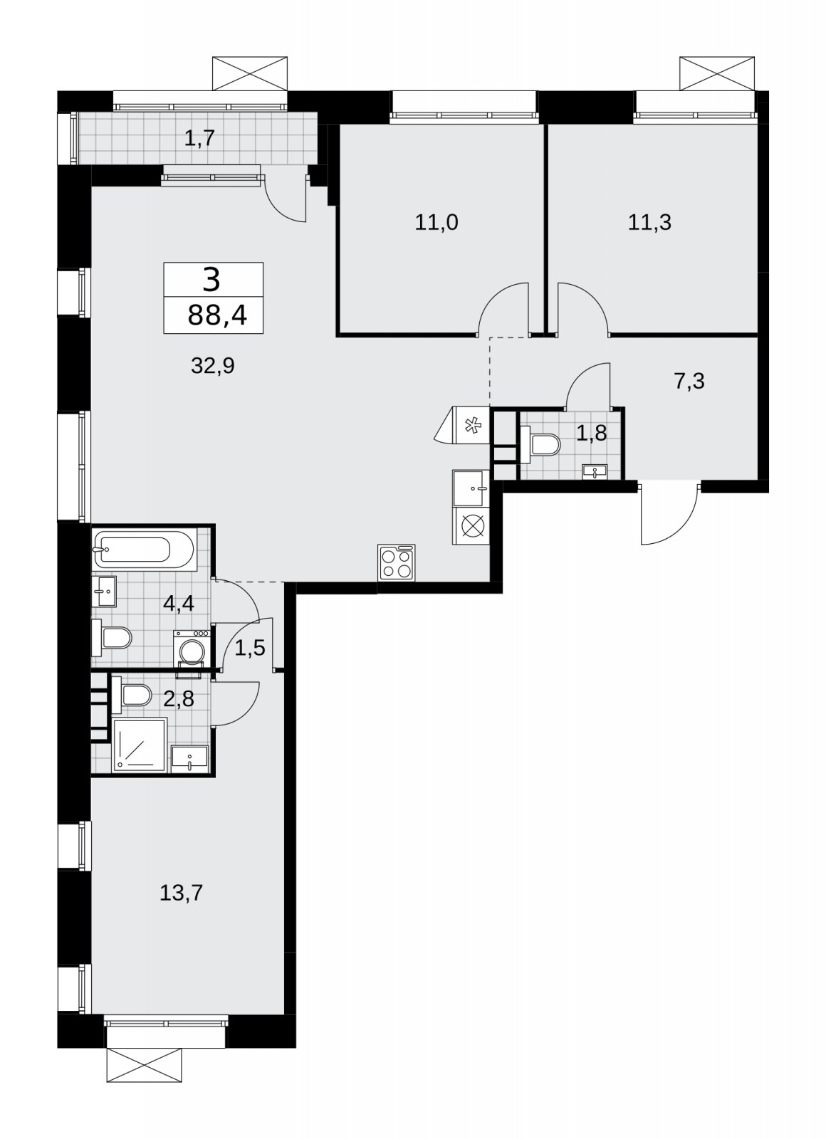 3-комнатная квартира без отделки, 88.4 м2, 4 этаж, сдача 4 квартал 2025 г., ЖК Бунинские кварталы, корпус 6.4 - объявление 2252684 - фото №1
