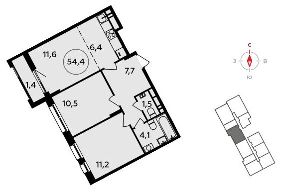 3-комнатная квартира (евро) без отделки, 54.4 м2, 11 этаж, сдача 3 квартал 2023 г., ЖК Прокшино, корпус 4.3 - объявление 1498166 - фото №1