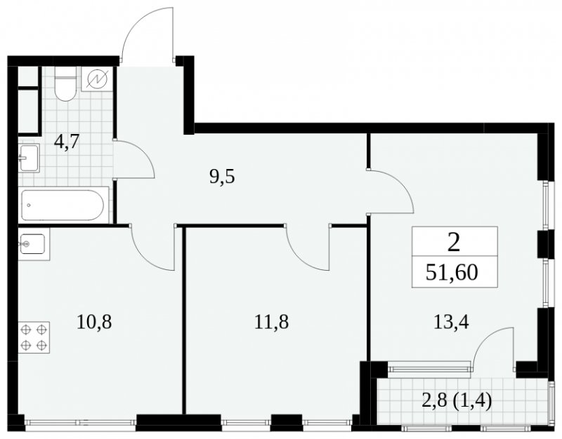 2-комнатная квартира без отделки, 51.6 м2, 17 этаж, сдача 2 квартал 2025 г., ЖК Южные сады, корпус 2.4 - объявление 1760355 - фото №1