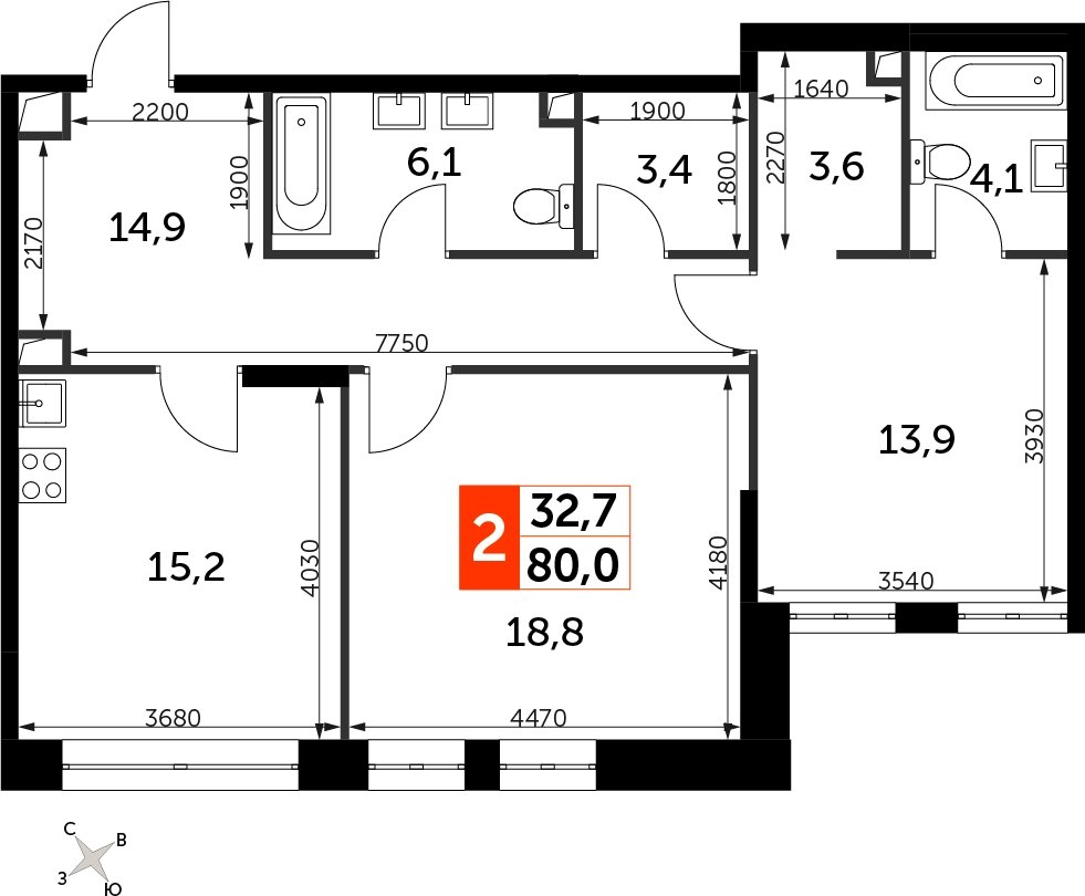 2-комнатная квартира с полной отделкой, 80 м2, 2 этаж, сдача 3 квартал 2024 г., ЖК Sydney City, корпус 2.1 - объявление 2207319 - фото №1
