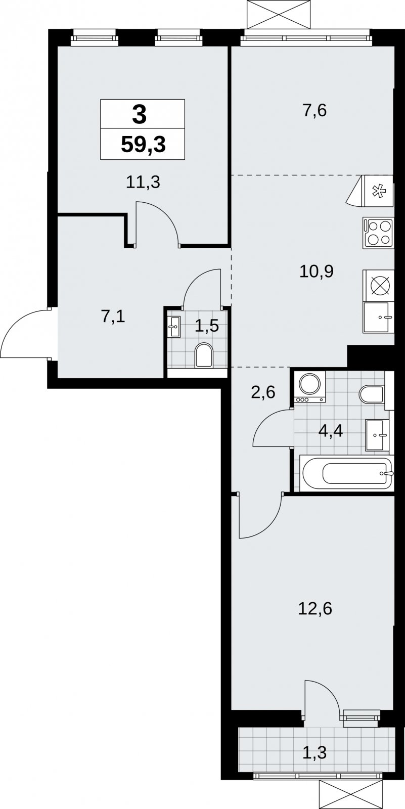 3-комнатная квартира (евро) без отделки, 59.3 м2, 3 этаж, сдача 2 квартал 2026 г., ЖК Бунинские кварталы, корпус 9.1 - объявление 2323994 - фото №1