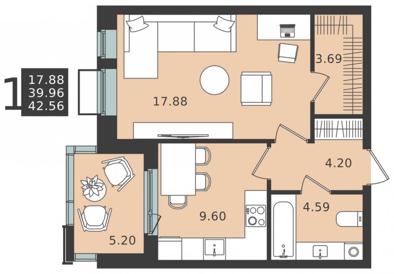 1-комнатная квартира без отделки, 42.56 м2, 2 этаж, сдача 1 квартал 2024 г., ЖК Мишино-2, корпус 6 - объявление 1949077 - фото №1