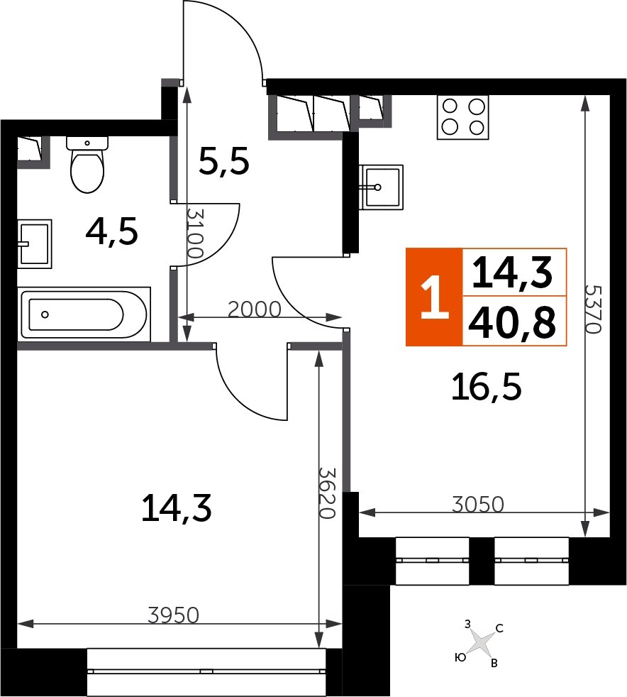 1-комнатная квартира с полной отделкой, 40.8 м2, 4 этаж, сдача 3 квартал 2024 г., ЖК Sydney City, корпус 2.1 - объявление 2207312 - фото №1