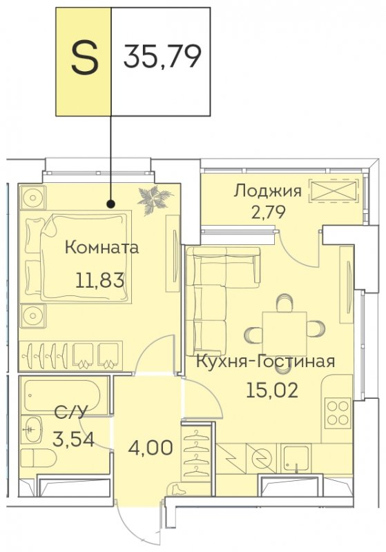 2-комнатная квартира (евро) с частичной отделкой, 35.79 м2, 7 этаж, сдача 3 квартал 2023 г., ЖК Аквилон BESIDE, корпус 1 - объявление 1577863 - фото №1