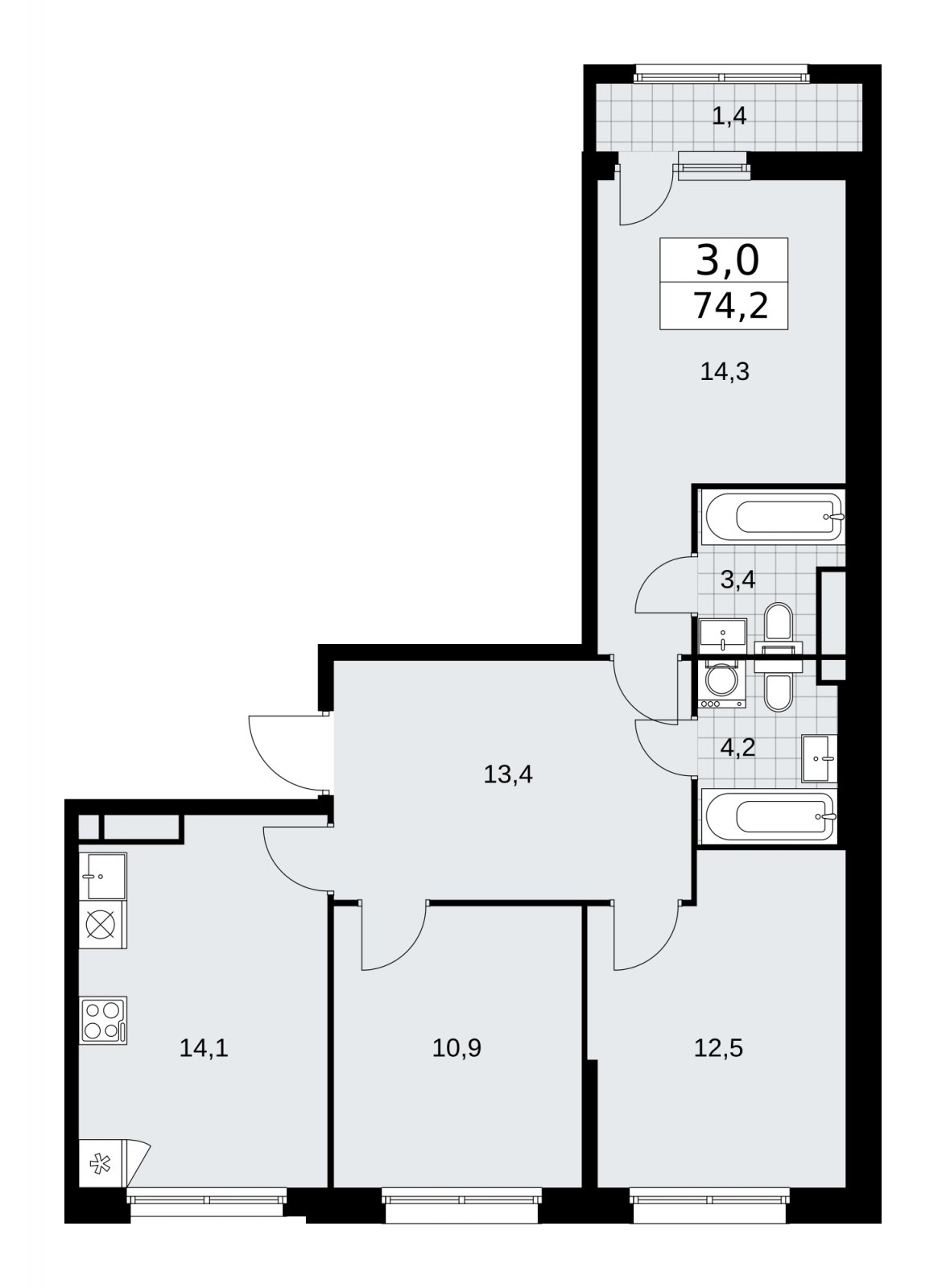 3-комнатная квартира с частичной отделкой, 74.2 м2, 12 этаж, сдача 2 квартал 2026 г., ЖК Дзен-кварталы, корпус 3.6 - объявление 2242702 - фото №1