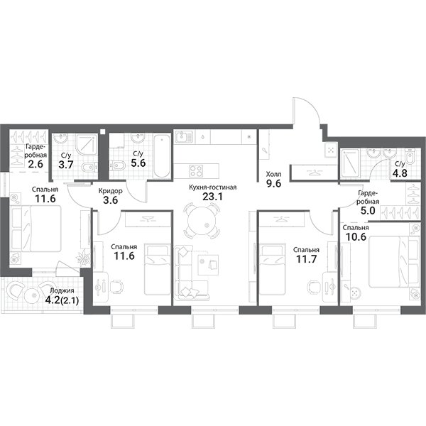 4-комнатная квартира без отделки, 105.6 м2, 6 этаж, сдача 1 квартал 2023 г., ЖК Nagatino i-Land, корпус Б - объявление 2008343 - фото №1