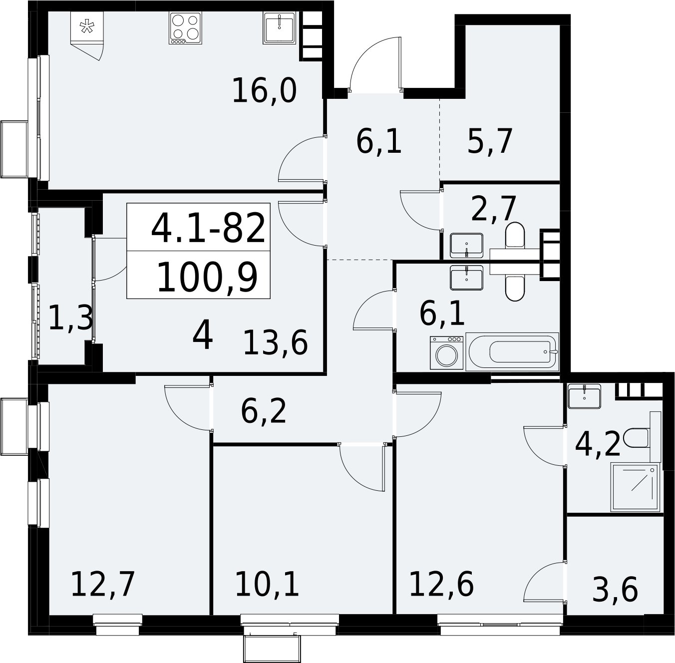 4-комнатная квартира с полной отделкой, 100.9 м2, 15 этаж, сдача 2 квартал 2027 г., ЖК Южные сады, корпус 4.1.1 - объявление 2392623 - фото №1