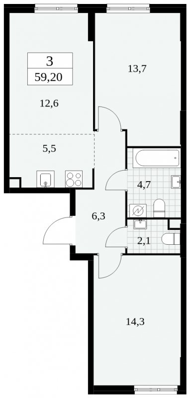 3-комнатная квартира (евро) без отделки, 59.2 м2, 2 этаж, сдача 2 квартал 2025 г., ЖК Южные сады, корпус 2.3 - объявление 1758291 - фото №1