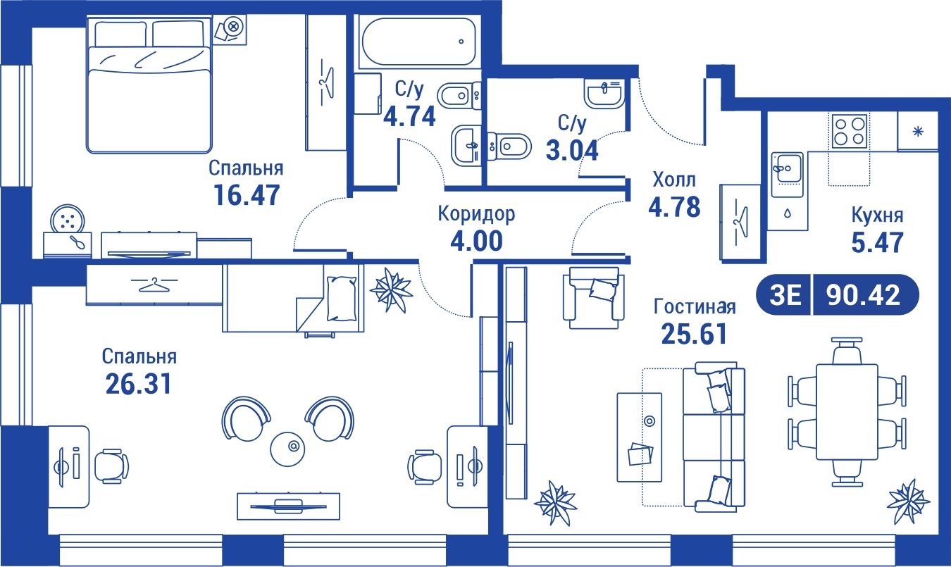 3-комнатная квартира без отделки, 89.5 м2, 31 этаж, сдача 4 квартал 2023 г., ЖК iLove, корпус 3 - объявление 2047359 - фото №1