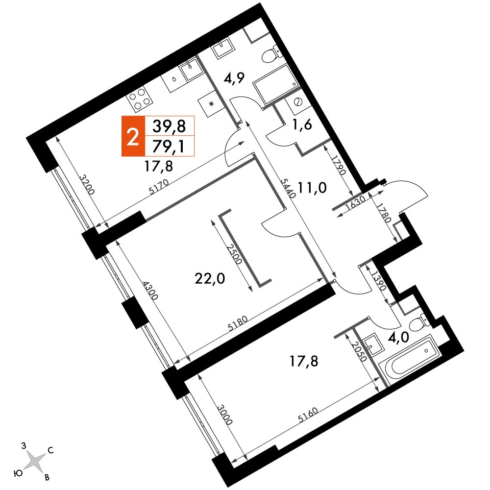 2-комнатная квартира без отделки, 79.1 м2, 46 этаж, дом сдан, ЖК Архитектор, корпус 3 - объявление 2207501 - фото №1