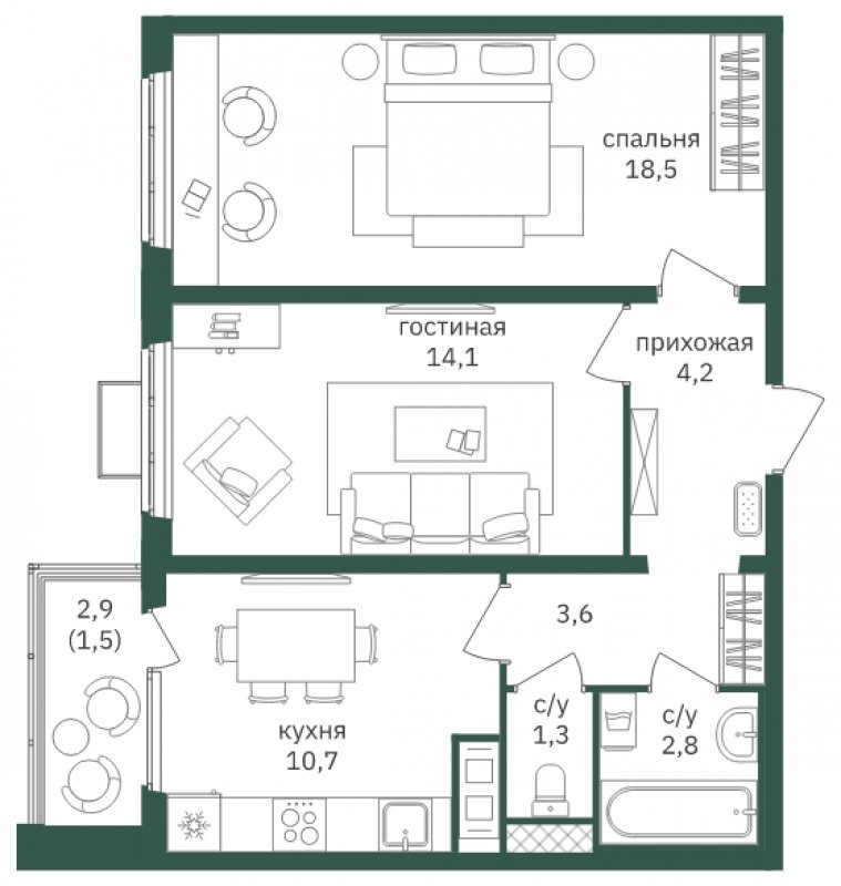 2-комнатная квартира с полной отделкой, 56.5 м2, 3 этаж, дом сдан, ЖК Зеленая Вертикаль, корпус 2 - объявление 1806814 - фото №1