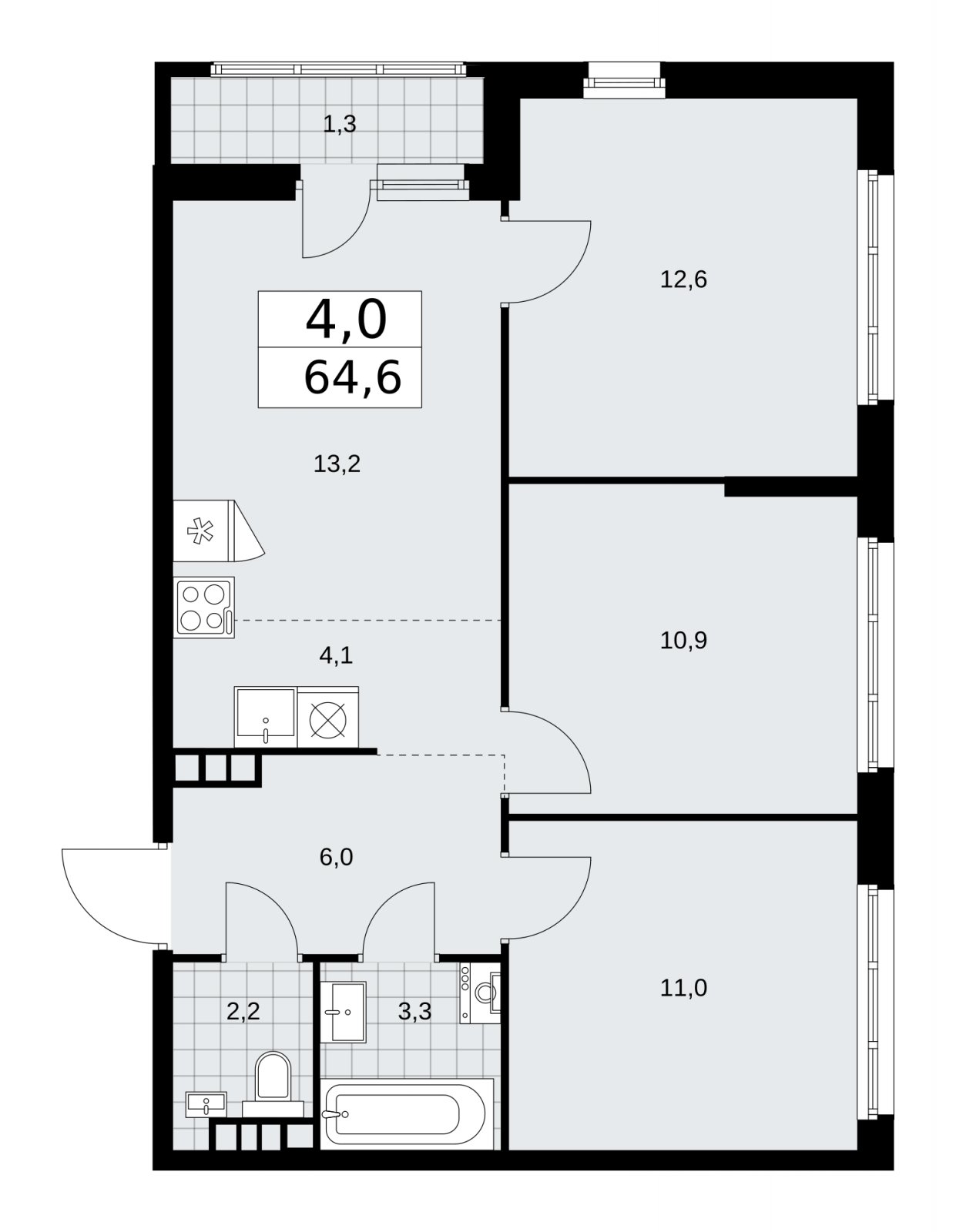 4-комнатная квартира (евро) без отделки, 64.6 м2, 8 этаж, сдача 1 квартал 2026 г., ЖК Дзен-кварталы, корпус 3.2 - объявление 2241433 - фото №1