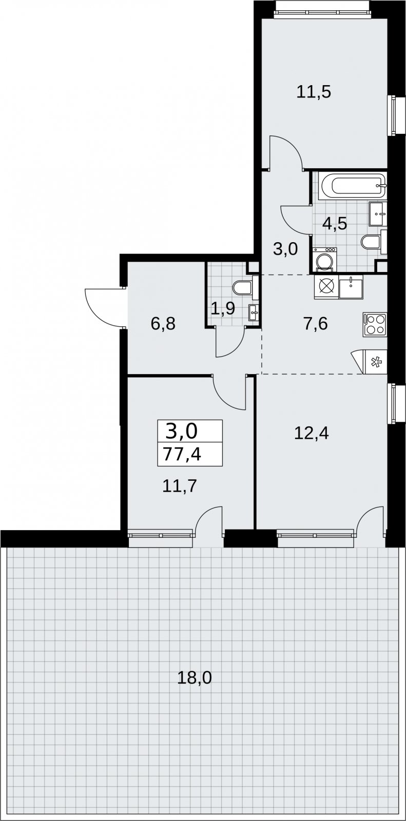 3-комнатная квартира с частичной отделкой, 77.4 м2, 2 этаж, сдача 2 квартал 2026 г., ЖК Дзен-кварталы, корпус 3.6 - объявление 2334168 - фото №1