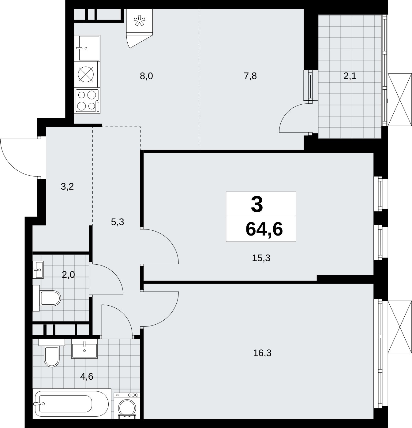 3-комнатная квартира (евро) без отделки, 64.6 м2, 8 этаж, сдача 4 квартал 2026 г., ЖК Скандинавия, корпус 2.18.1.1 - объявление 2350606 - фото №1