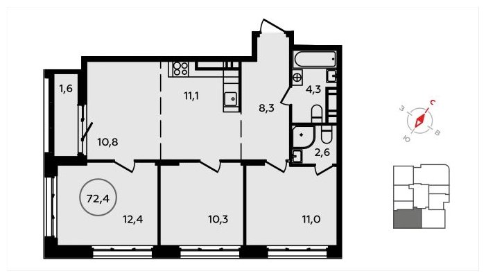 4-комнатная квартира (евро) с полной отделкой, 72.4 м2, 14 этаж, сдача 3 квартал 2024 г., ЖК Скандинавия, корпус 2.22.5 - объявление 1625855 - фото №1