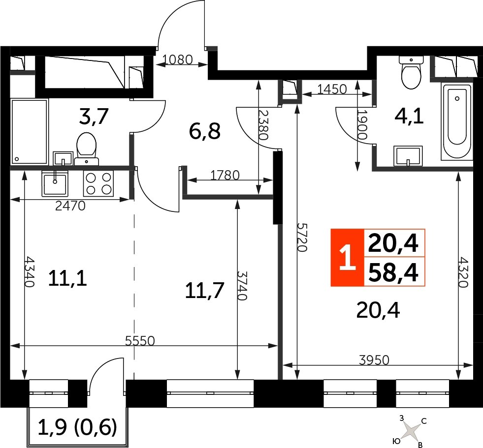 1-комнатная квартира с частичной отделкой, 58.4 м2, 14 этаж, сдача 3 квартал 2024 г., ЖК Sydney City, корпус 2.1 - объявление 2260105 - фото №1