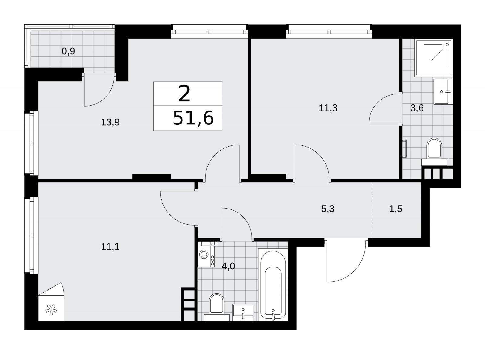2-комнатная квартира с полной отделкой, 51.6 м2, 13 этаж, сдача 2 квартал 2026 г., ЖК Деснаречье, корпус 4.7 - объявление 2264817 - фото №1