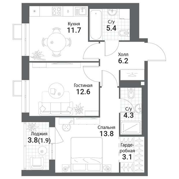 2-комнатная квартира без отделки, 59 м2, 9 этаж, сдача 1 квартал 2023 г., ЖК Nagatino i-Land, корпус Б - объявление 1764387 - фото №1