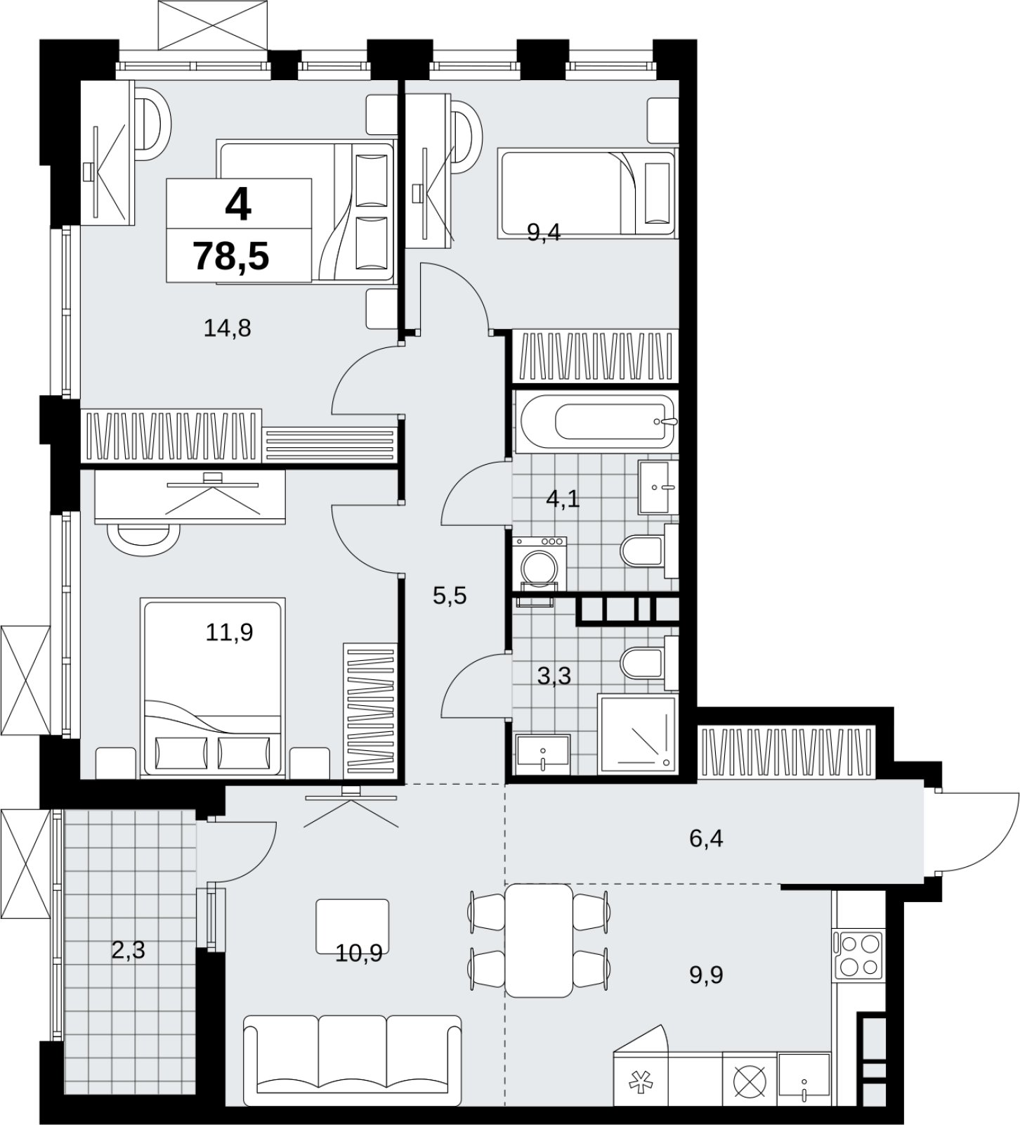 4-комнатная квартира (евро) без отделки, 78.5 м2, 13 этаж, сдача 4 квартал 2026 г., ЖК Скандинавия, корпус 2.18.2.6 - объявление 2351819 - фото №1