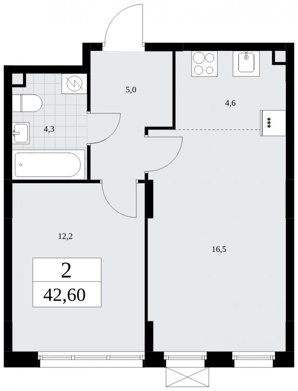 2-комнатная квартира (евро) с частичной отделкой, 42.6 м2, 2 этаж, сдача 1 квартал 2025 г., ЖК Дзен-кварталы, корпус 1.2 - объявление 1895631 - фото №1