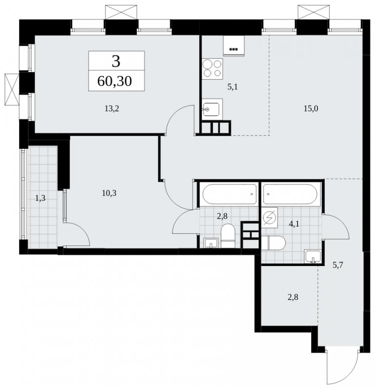 3-комнатная квартира (евро) без отделки, 60.3 м2, 4 этаж, сдача 2 квартал 2025 г., ЖК Дзен-кварталы, корпус 2.3 - объявление 1932523 - фото №1