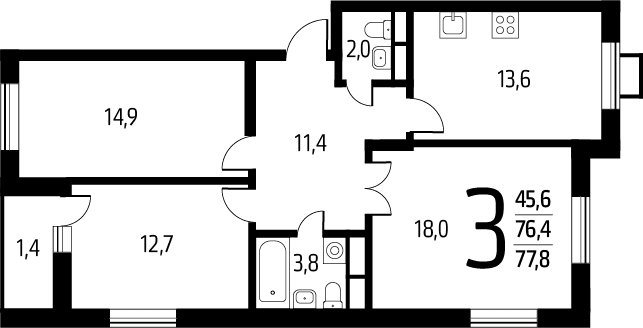 3-комнатная квартира с полной отделкой, 77.8 м2, 8 этаж, сдача 1 квартал 2025 г., ЖК Новые Ватутинки. Заречный, корпус 5/3 - объявление 2272128 - фото №1