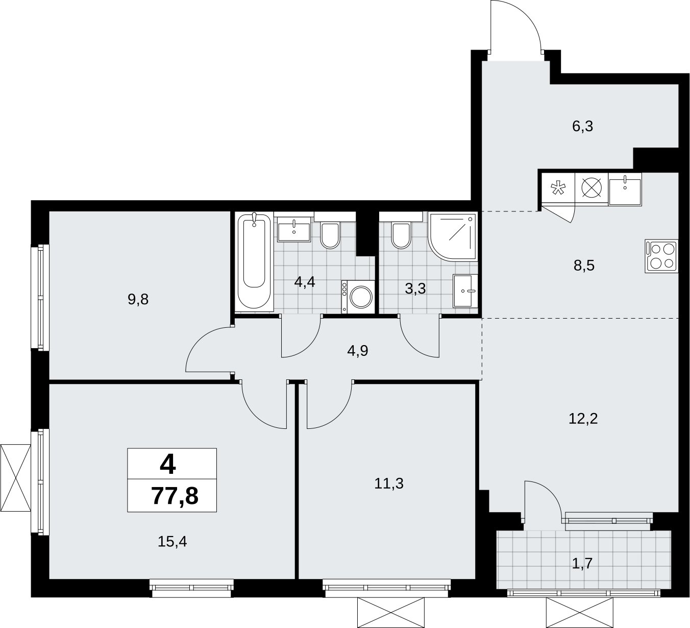 4-комнатная квартира (евро) без отделки, 77.8 м2, 11 этаж, сдача 2 квартал 2026 г., ЖК Бунинские кварталы, корпус 9.2 - объявление 2324249 - фото №1