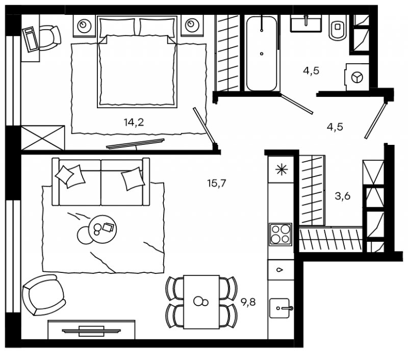 2-комнатные апартаменты без отделки, 52.3 м2, 4 этаж, дом сдан, ЖК Level Донской, корпус 1 - объявление 1656397 - фото №1