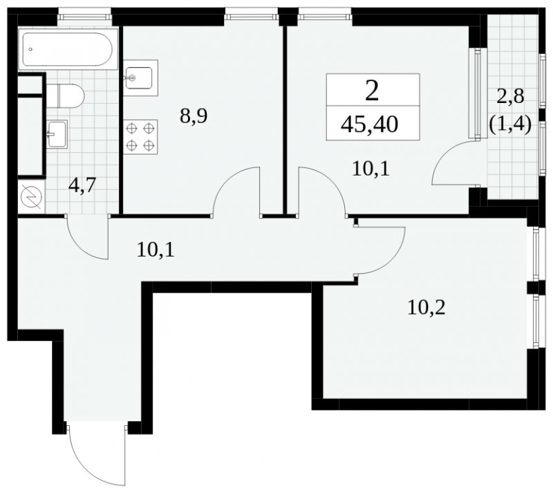 2-комнатная квартира без отделки, 45.4 м2, 21 этаж, сдача 2 квартал 2025 г., ЖК Южные сады, корпус 2.4 - объявление 1760374 - фото №1