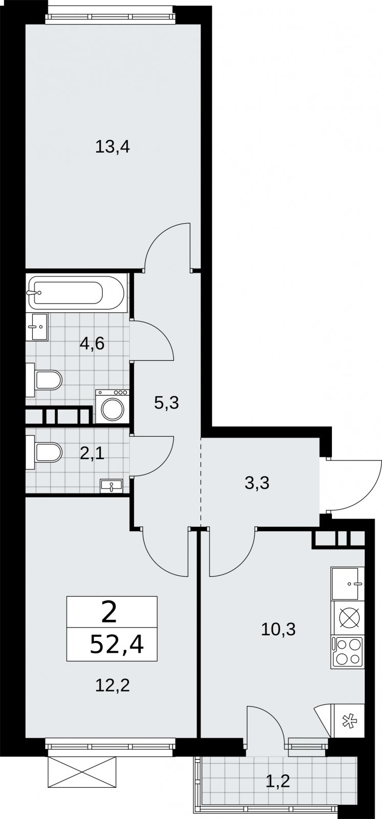 2-комнатная квартира с частичной отделкой, 52.4 м2, 5 этаж, сдача 2 квартал 2026 г., ЖК Бунинские кварталы, корпус 5.1 - объявление 2296920 - фото №1