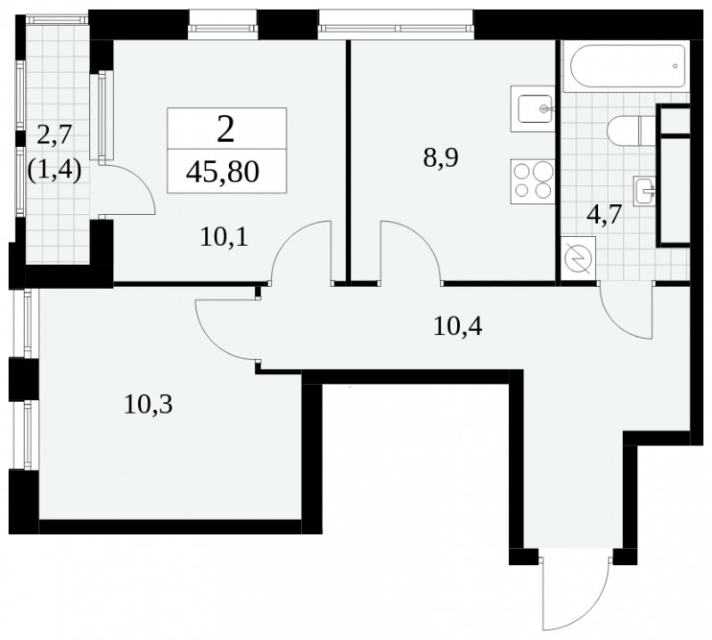 2-комнатная квартира с частичной отделкой, 45.8 м2, 23 этаж, сдача 2 квартал 2025 г., ЖК Южные сады, корпус 2.1 - объявление 1760052 - фото №1