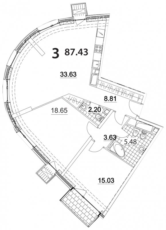 3-комнатные апартаменты без отделки, 87.43 м2, 11 этаж, дом сдан, ЖК Апарт-комплекс Nakhimov, корпус 2 - объявление 1330567 - фото №1