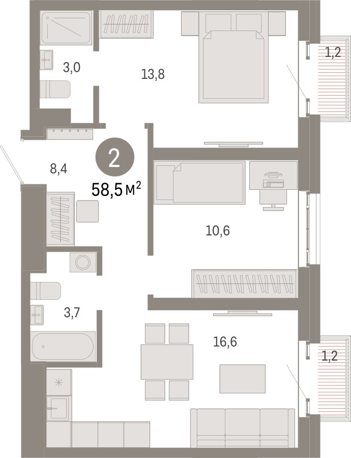 2-комнатная квартира 58.5 м2, 11 этаж, сдача 3 квартал 2026 г., ЖК Квартал Метроном, корпус 1 - объявление 2310885 - фото №1