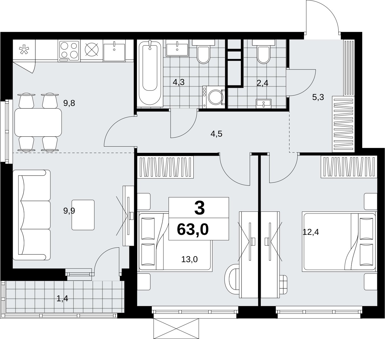 3-комнатная квартира (евро) с полной отделкой, 63 м2, 3 этаж, сдача 1 квартал 2027 г., ЖК Скандинавия, корпус 2.18.2.2 - объявление 2351181 - фото №1
