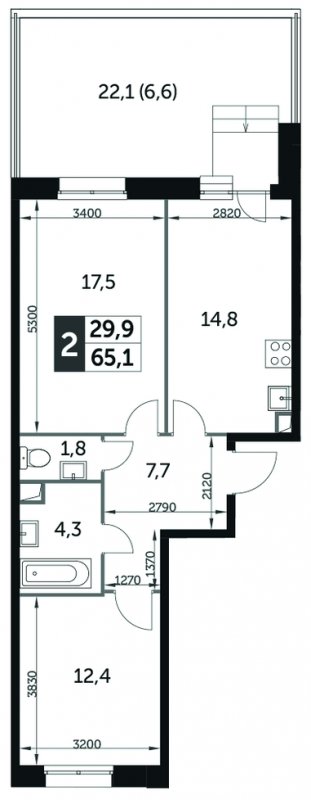 2-комнатная квартира без отделки, 65 м2, 2 этаж, дом сдан, ЖК Датский квартал, корпус 3 - объявление 1476604 - фото №1