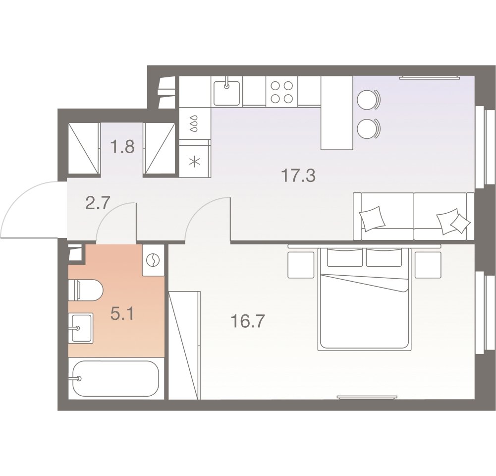 2-комнатная квартира без отделки, 43.6 м2, 27 этаж, сдача 1 квартал 2026 г., ЖК Twelve, корпус 1 - объявление 2331899 - фото №1