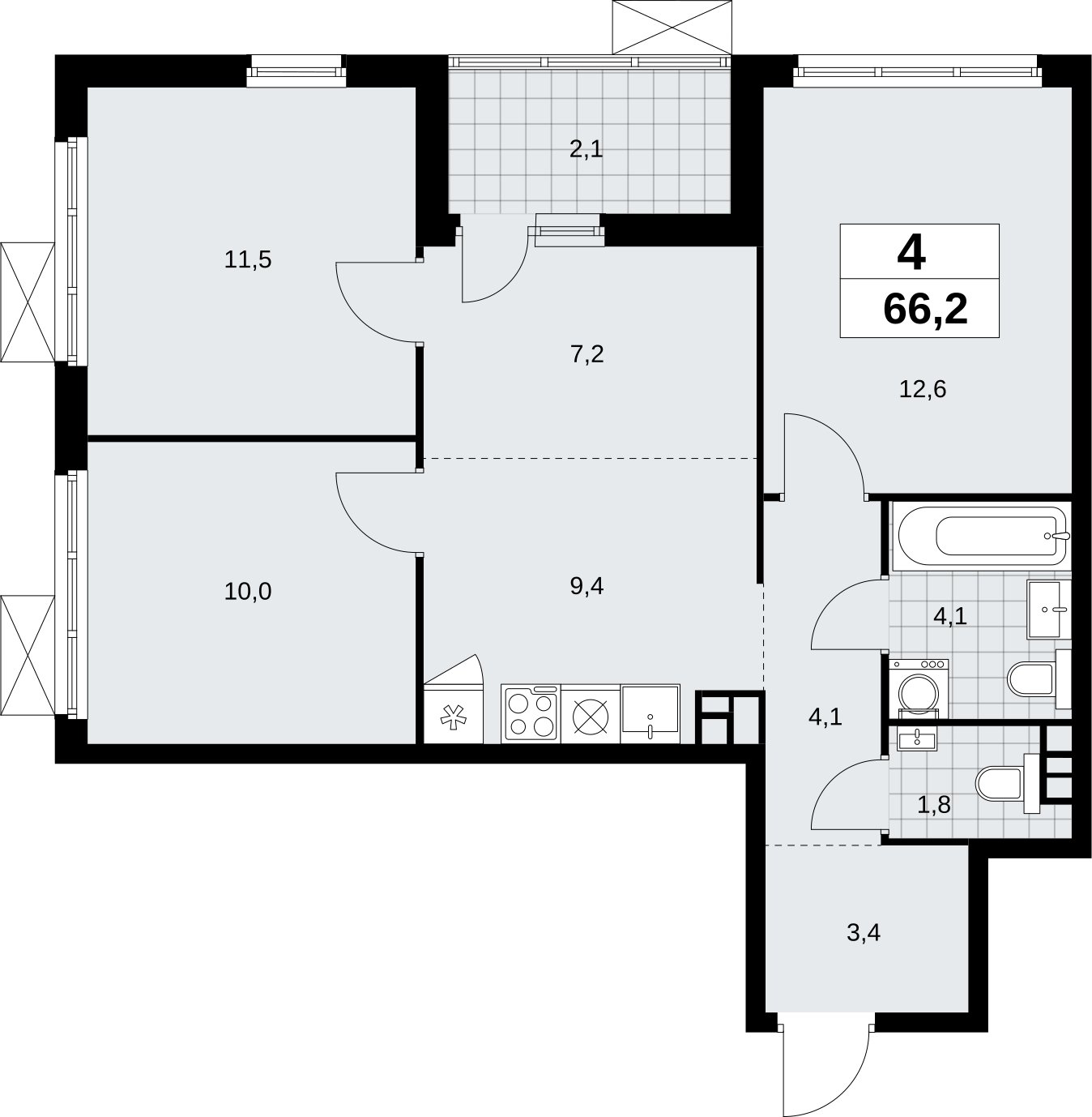 4-комнатная квартира (евро) без отделки, 66.2 м2, 3 этаж, сдача 4 квартал 2026 г., ЖК Скандинавия, корпус 2.18.1.1 - объявление 2350574 - фото №1