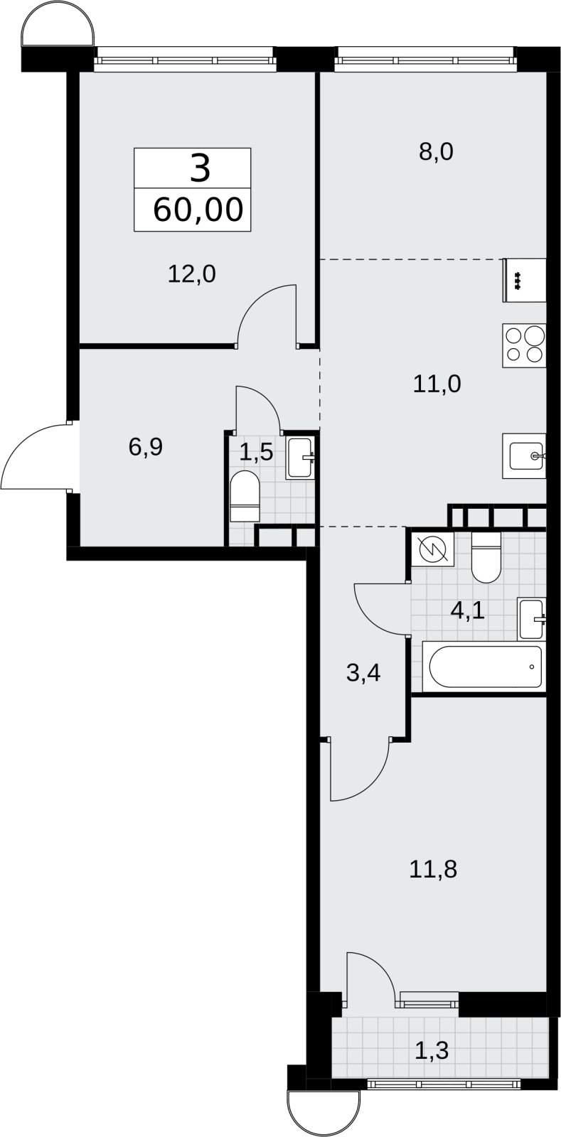 3-комнатная квартира (евро) с полной отделкой, 60 м2, 7 этаж, сдача 4 квартал 2026 г., ЖК Родные кварталы, корпус 3.2 - объявление 2378430 - фото №1